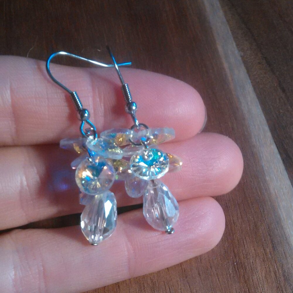 White Aurora Borealis Glass Silvertone and Stainless Steel Drop Earrings